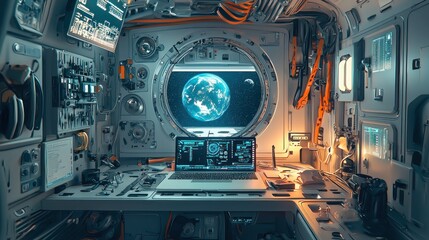 Fototapeta premium Spaceship interior with Earth view from porthole.