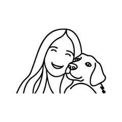 Woman embracing her dog in a warm and affectionate manner line art flat vector illustration