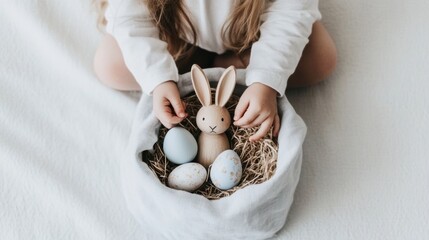 Joyful child unwraps eco friendly Easter basket filled with wooden bunny figurines and organic treats to celebrate the holiday in a sustainable way