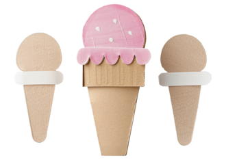 Colorful handmade ice cream cones with a pink scoop and two plain cones against a dark background