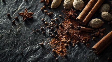 Aromatic spices, cinnamon sticks, star anise, cloves, nutmeg, and ground powder on dark stone background.