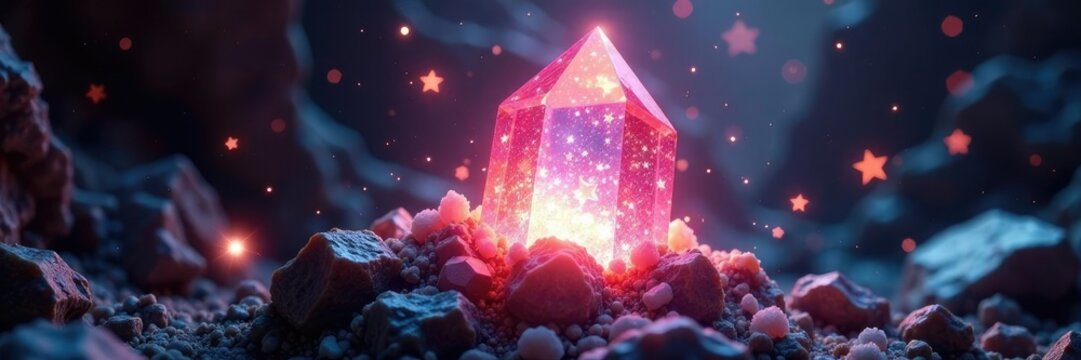 Starlight pours forth from an ancient crystal, radiant, ancient