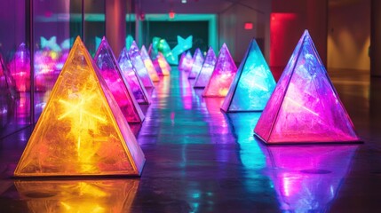 Illuminated glass pyramids in a modern hallway.