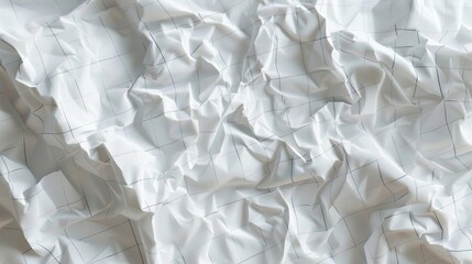 a piece of crumpled white paper with a delicate grid overlay, depicted in hyper-realistic detail. The folds and creases should be highlighted by soft