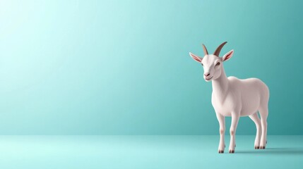A cute white goat stands on a teal background.  Space for text.
