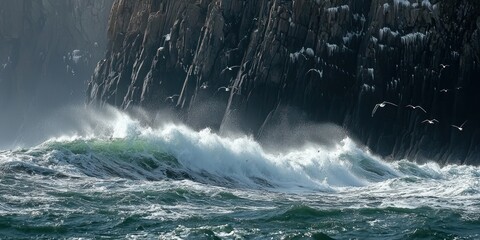 Naklejka premium Powerful Ocean Waves Crash Against Rocky Cliffside Landscape