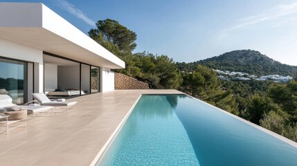 Fototapeta premium A minimalist Ibiza villa house with a serene coastal landscape, featuring muted colors that blend seamlessly with the environment.
