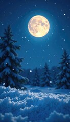 Snowflakes gently fall under a glowing full moon, flakes, landscape, moonlight