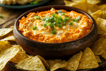 Delicious buffalo chicken dip served with crispy tortilla chips. Perfect for game day or parties.