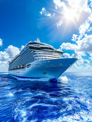 A white cruise ship sails across the ocean on a bright sunny day