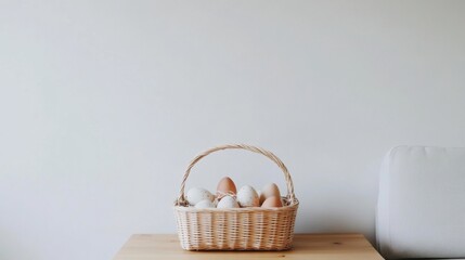 Cozy farmhouse living room adorned with Easter decorations featuring a woven basket filled with handmade fabric eggs on a rustic coffee table
