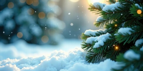snowflakes gently falling on festive greenery, snow, foliage, evergreen