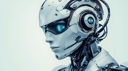 Close Up Portrait of a White and Blue Humanoid Robot with Glowing Eyes