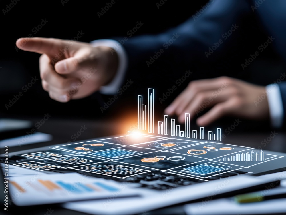 Poster a person pointing at a tablet displaying a graph while hovering a hand above a glowing laptop