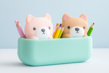 a cute pencil case with two pastel pink and mint-colored,