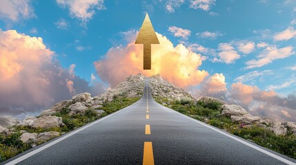 A perspective view of a road with an upward arrow, representing career advancement