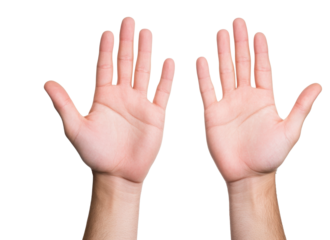 Hands raised in a gesture demonstrating openness and welcome during a discussion about communication skills