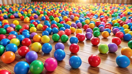 Naklejka premium Colorful balls scattered on floor, fun toys, colorful toys, fun toys