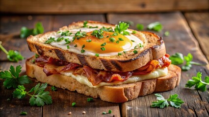 Sizzling hot bacon and egg sandwich on a toasted bread with melted cheese and fresh herbs , #yummy