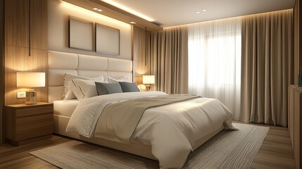 Soft alpine oat curtains gently frame a spacious bedroom adorned with modern wooden furnishings. Warm lighting creates a tranquil ambiance, inviting relaxation and comfort