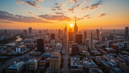 Obraz premium Sunset cityscape view new york urban landscape evening aerial perspective