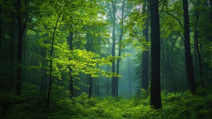 Fototapeta premium Dark tree trunks contrasting with bright green foliage in a mystical forest setting.