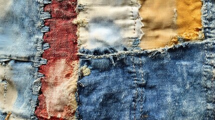 Close up shot of a colorful patchwork denim quilt
