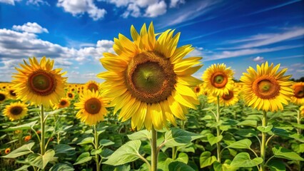 Fototapeta premium Large bright yellow sunflowers standing in a lush green field with tall stalks and large petals under a clear blue sky, on a sunny day , summer flowers, bright yellow sunflowers