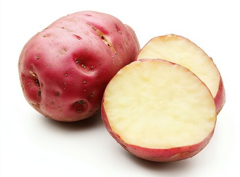 Fresh and Raw Red Potato with One Half Cut Exposing Creamy White Flesh on a White Background for Culinary and Food Photography Needs