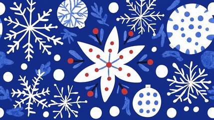 Winter Holiday Floral Design White Flower Snowflakes Blue Background