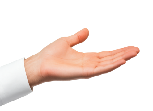 Open hand extended in a welcoming gesture against a plain background