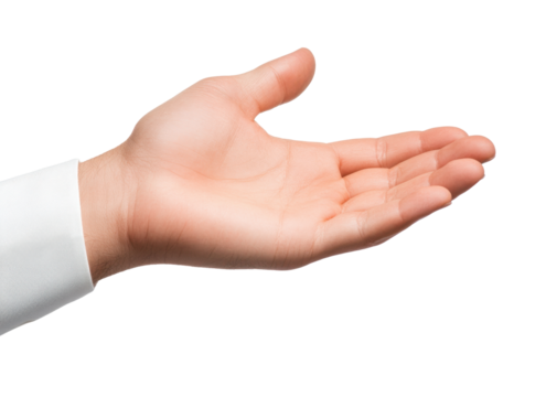Open hand gesture represents invitation or willingness to help, conveying warmth and approachability in social interactions,  isolated on transporent background
