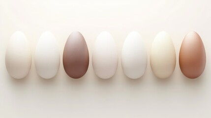 Seven textured eggs in a row featuring white brown beige and cream hues arranged on a warm beige background