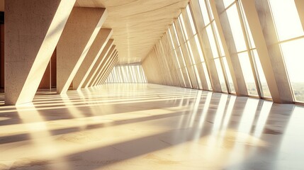 Obraz premium Sunlit modern architecture interior with large windows and concrete pillars.
