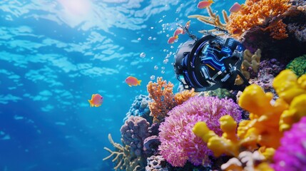 Obraz premium An AI system monitoring the health of coral reefs underwater.