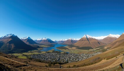 Scenic landscape view south island new zealand aerial panorama daytime nature beauty