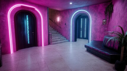 Pink and purple neon lights illuminate a hallway with arched doorways, a stone staircase, and a black leather couch. The floor is speckled and textured.