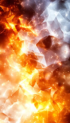 Abstract design with contrasting colors of orange and white, with crystalline shapes and a glowing effect