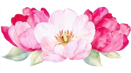 Fototapeta premium A vibrant watercolor illustration of pink and white peonies, showcasing delicate petals and lush greenery. isolated on white background.