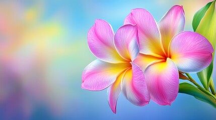 Fototapeta premium Close up of two pink and yellow plumeria flowers with soft, blurred pastel background. Bright, vibrant colors and delicate petals.