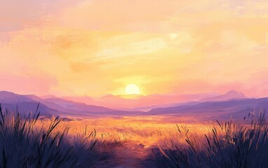 Obraz premium A soft and peaceful sunset in the countryside, with warm pastel colors and the sun just touching the horizon