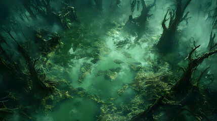 Aerial View of Eerie Green Swamp, Mystical Forest Landscape