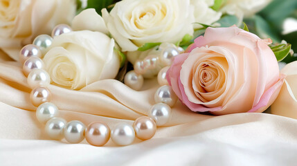 Obraz premium Elegant pearls and soft roses create a beautiful, timeless image perfect for special occasions.