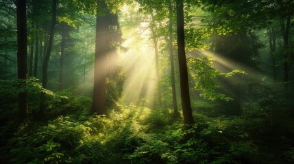 Obraz premium Sunlight dappling the forest floor, creating a warm contrast to the mist.