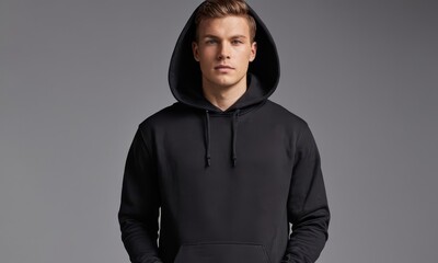 Obraz premium Portrait of a Young Man in a Black Hoodie Posing for a Fashion Shoot