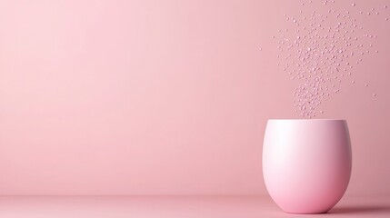 Pink glitter rising from a pale pink vase against a pink background. Minimalist aesthetic.