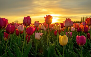 A spring sunset behind a field of tulips, with warm golden light casting long shadows and highlighting the flowers vibrant colors