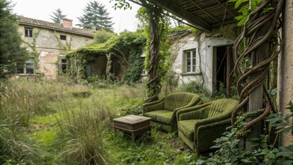 Obraz premium Overgrown garden with neglected furniture and twisted vines, tangled weeds, neglected, lichen, wooden bench, decaying