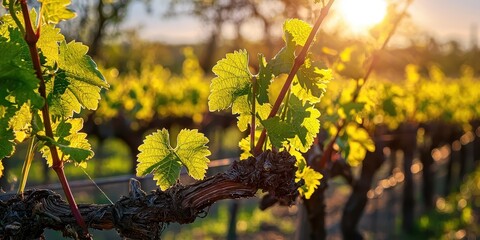 A spring vineyard with young grapevines sprouting fresh green leaves under the sun