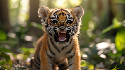 A cute little tiger cub growls with grinning teeth